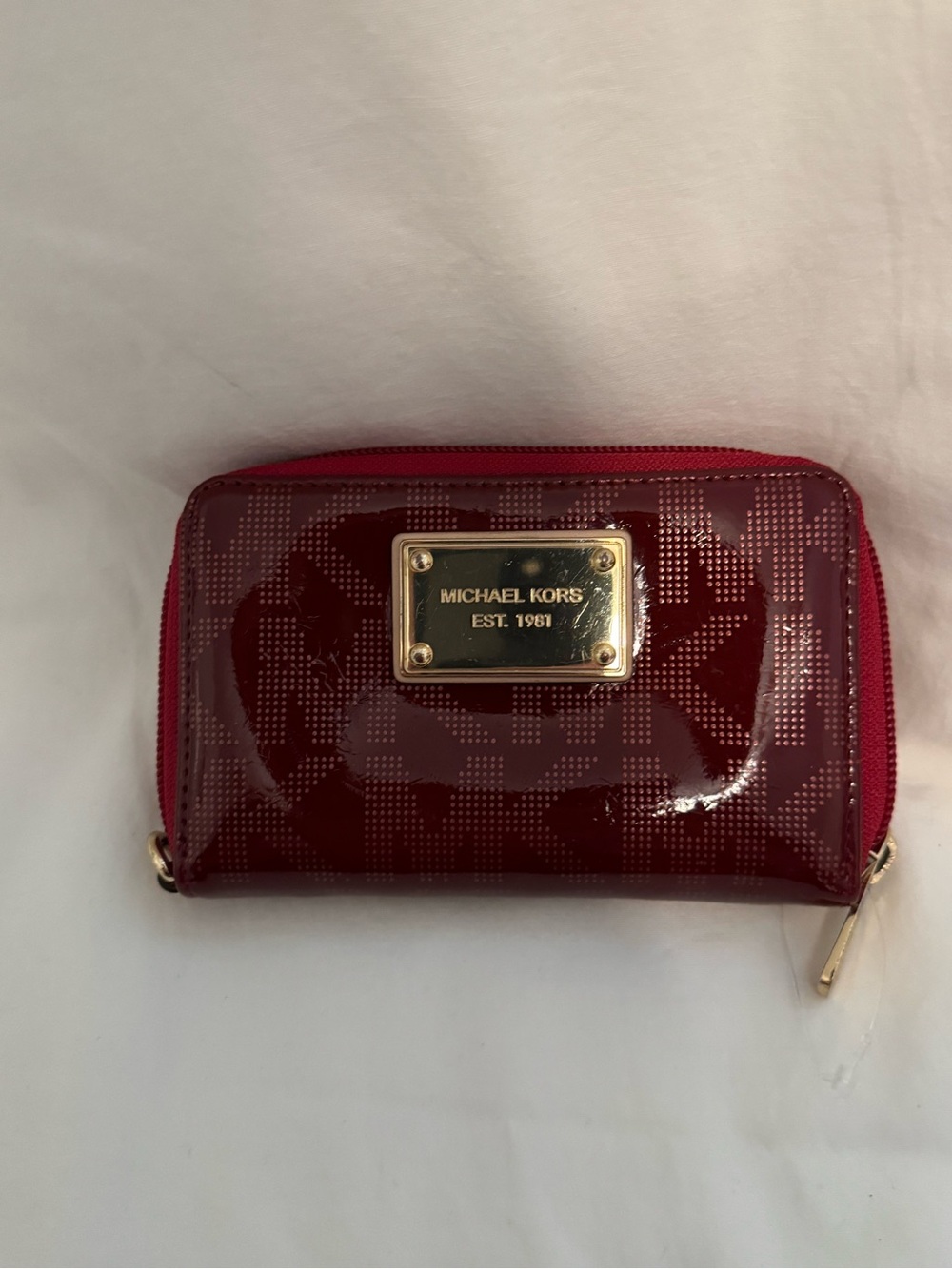Michael Kors Burgundy Patent Zip Wallet with Gold Plate